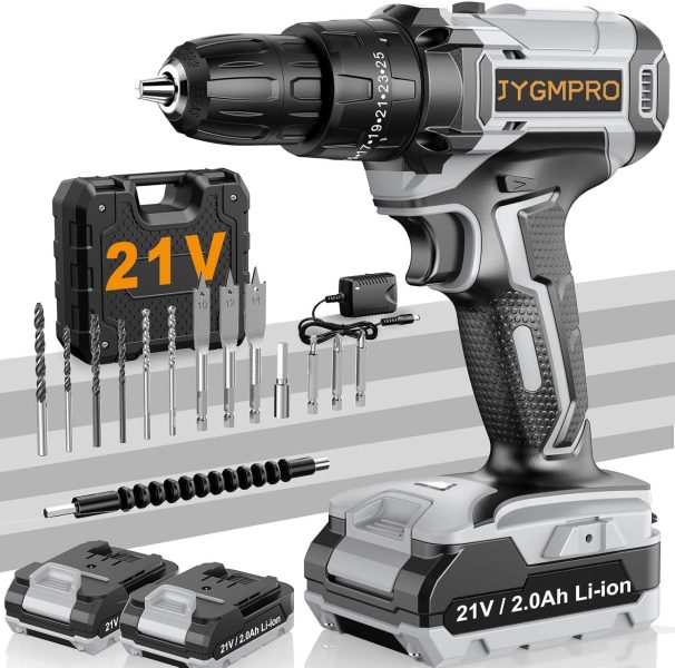 JYGMPRO perceuse visseuse sans fil 21V, visseuse devisseuse avec 2 batteries 2.0Ah