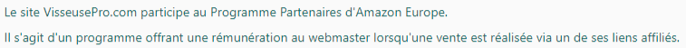 Le site VisseusePro.com participe au Programme Partenaires d'Amazon Europe. Il s'agit d'un programme offrant une rémunération au webmaster lorsqu'une vente est réalisée via un de ses liens affiliés.